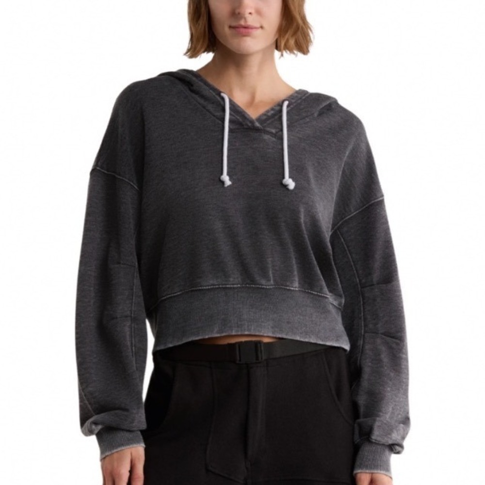 FP Movement Free People Gray Mineral Wash Cropped‎ Hoodie Sweatshirt Size Large